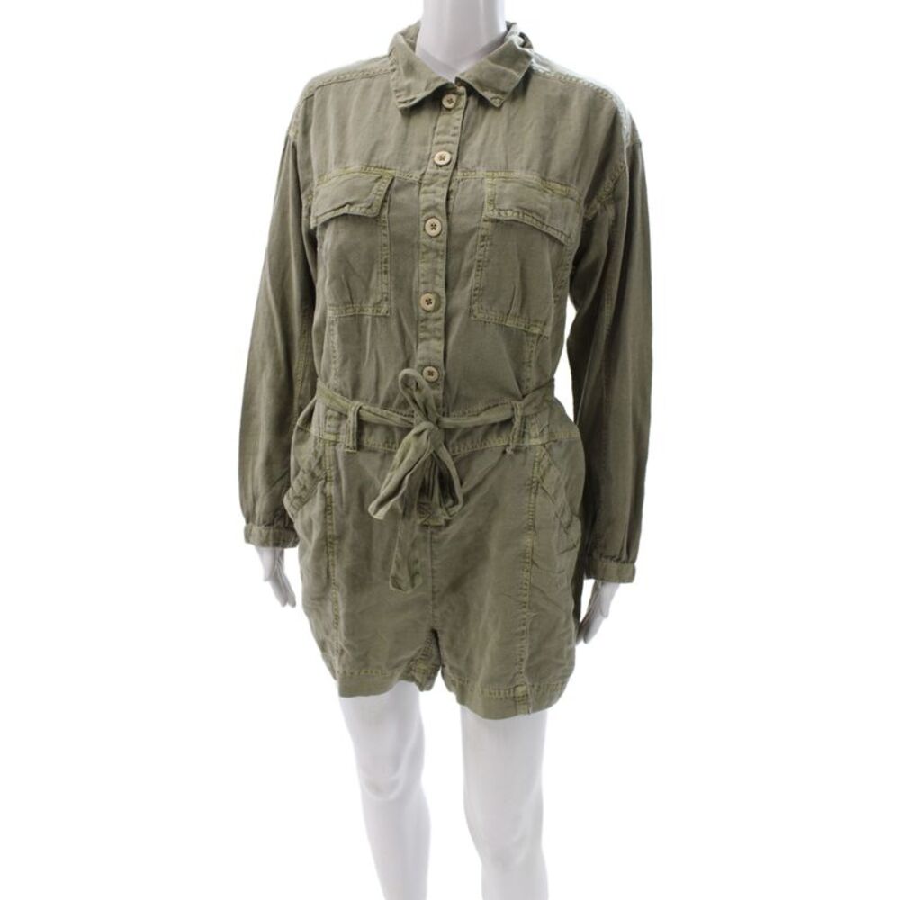 Free People Womens Green Collared Long Sleeve Military Romper Lyocell Size M